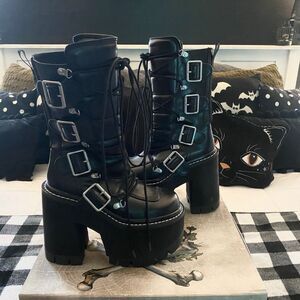 Dolls Kill Goth Platforms Deep Black Silver Buckles and Accessory Accents Size 8